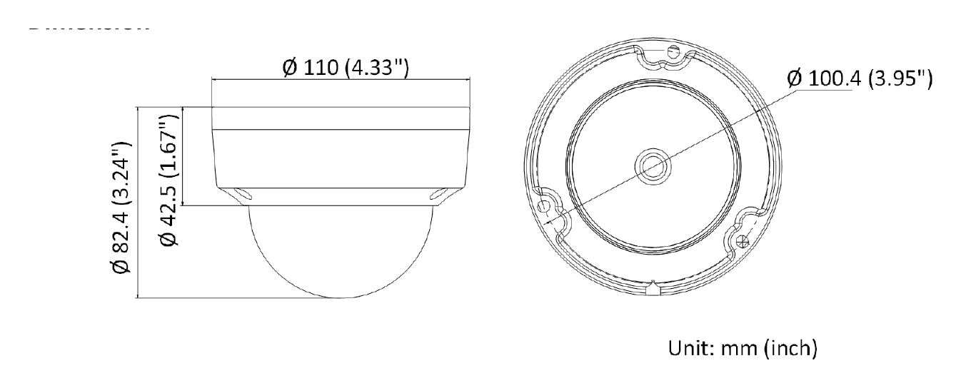 DS-2CD1123G0E-I-C 外形尺寸圖 Ø 110 mm × 82.4 mm (Ø 4.4" × 3.2")｜重量 Approx. 410 g (0.9 lb.)｜Unit: mm