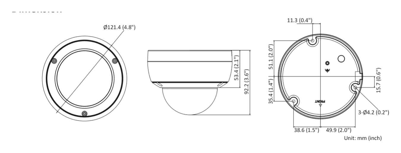 DS-2CD1123G2-IUF 外形尺寸圖 Ø 121.4 mm × 92.2 mm (Ø 4.8" × 3.6")｜重量 Approx. 550 g (1.2 lb.)｜Unit: mm