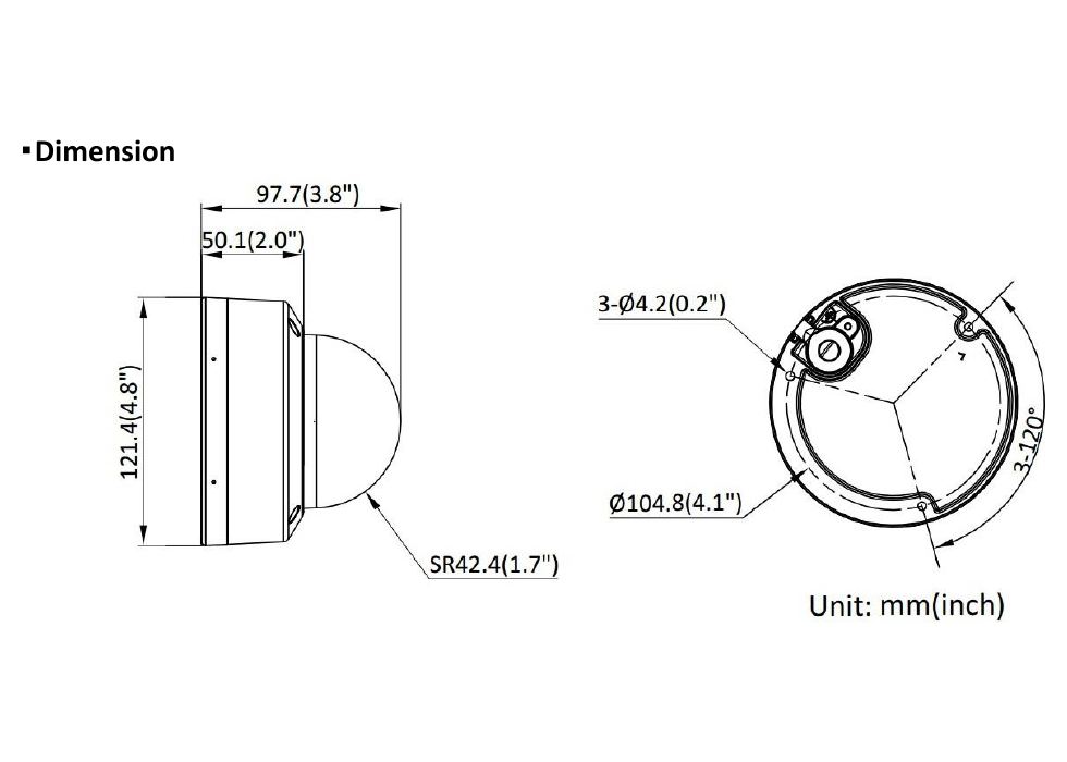 DS-2CD1123G2-LIU 外形尺寸圖 Ø 121.4 mm × 97.7 mm (Ø 4.8" × 3.8")｜重量 Approx. 550 g (1.2 lb.)