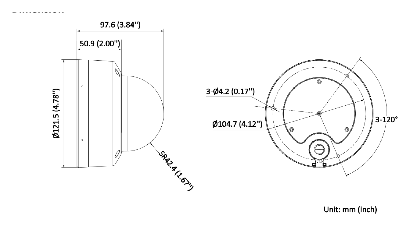 DS-2CD1141G2-LIUF 外形尺寸圖 Ø 121.5 mm × 97.6 mm (Ø 4.78" × 3.84")｜重量 Approx. 570 g (1.2 lb.)｜Unit: mm