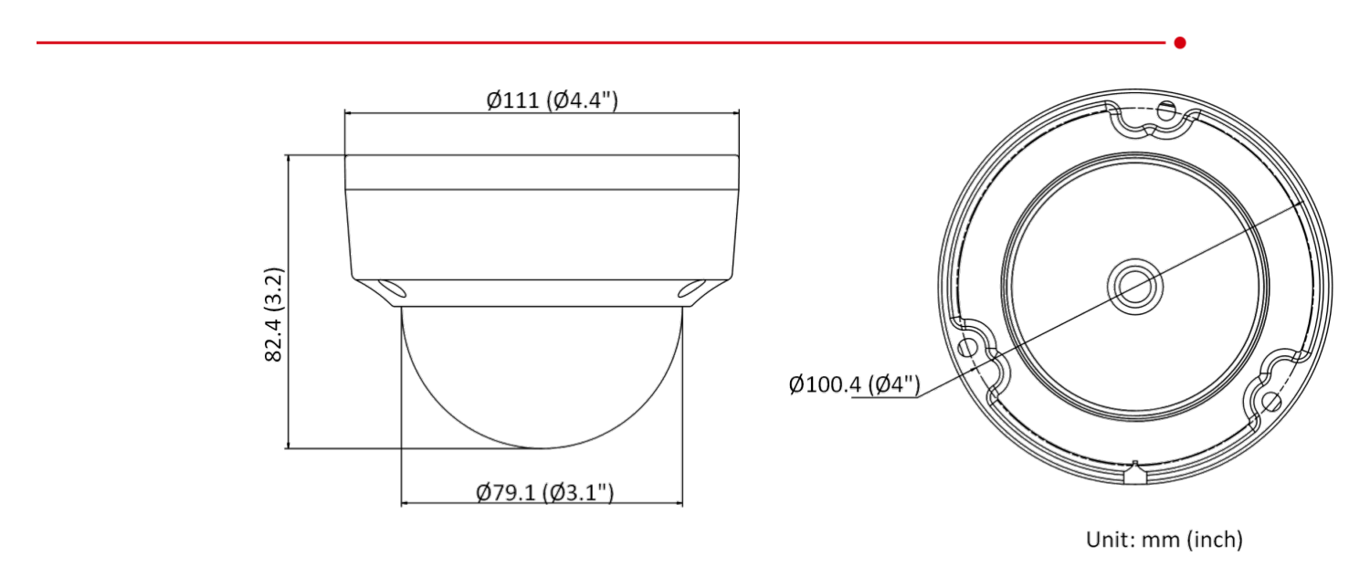 DS-2CD1143G0-I-C 外形尺寸圖 Ø 111 mm × 82.4 mm (Ø 4.4" × 3.2")｜重量 Approx. 360 g (0.8 lb.)｜Unit: mm