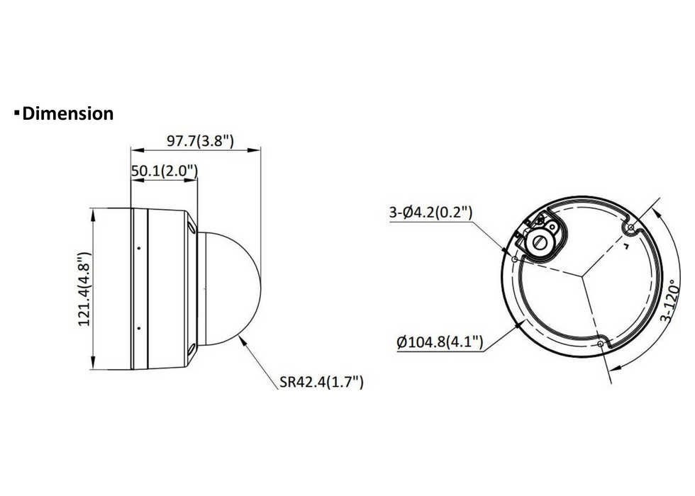 DS-2CD1143G2-LIU 外形尺寸圖 Ø 121.4 mm × 97.7 mm (Ø 4.8" × 3.8")｜重量 Approx. 550 g (1.2 lb.)