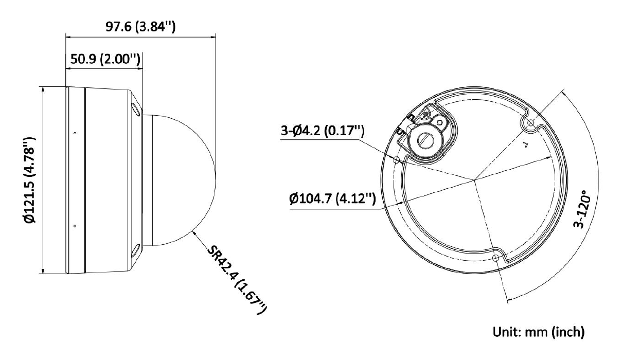 DS-2CD1147G3-LIUF 外形尺寸圖 Ø 121.5 mm × 97.6 mm (Ø 4.78" × 3.84")｜重量 Approx. 550 g (1.2 lb.)｜Unit: mm
