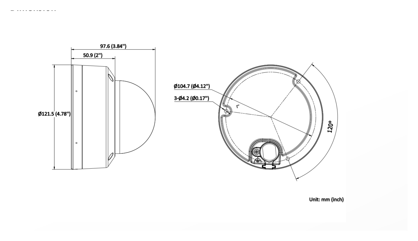 DS-2CD1147G3H-LIUF 外形尺寸圖 Ø 121.5 mm × 97.6 mm (Ø 4.8" × 3.8")｜重量 Approx. 490 g (1.1 lb.)｜Unit: mm