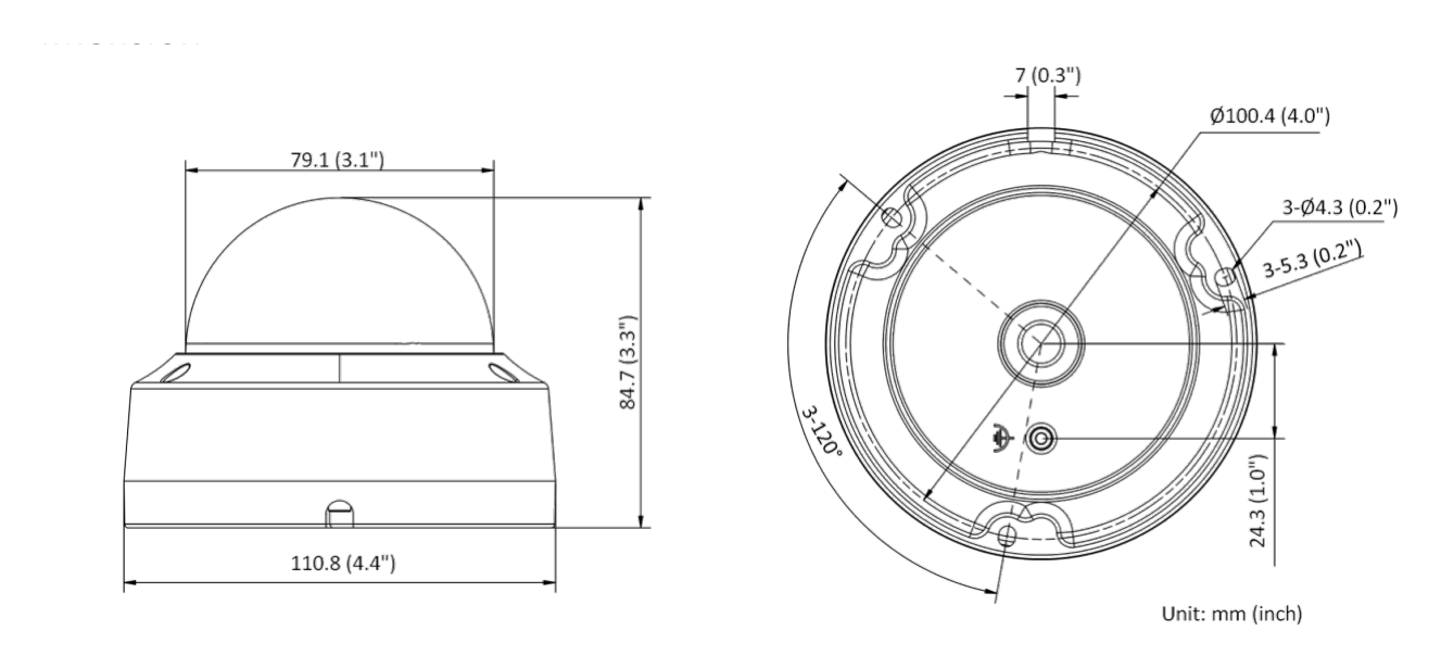 DS-2CD1183G0-I-C 外形尺寸圖 Ø 110.8 mm × 84.7 mm (Ø 4.4" × 3.3")｜重量 Approx. 520 g (1.1 lb.)｜Unit: mm