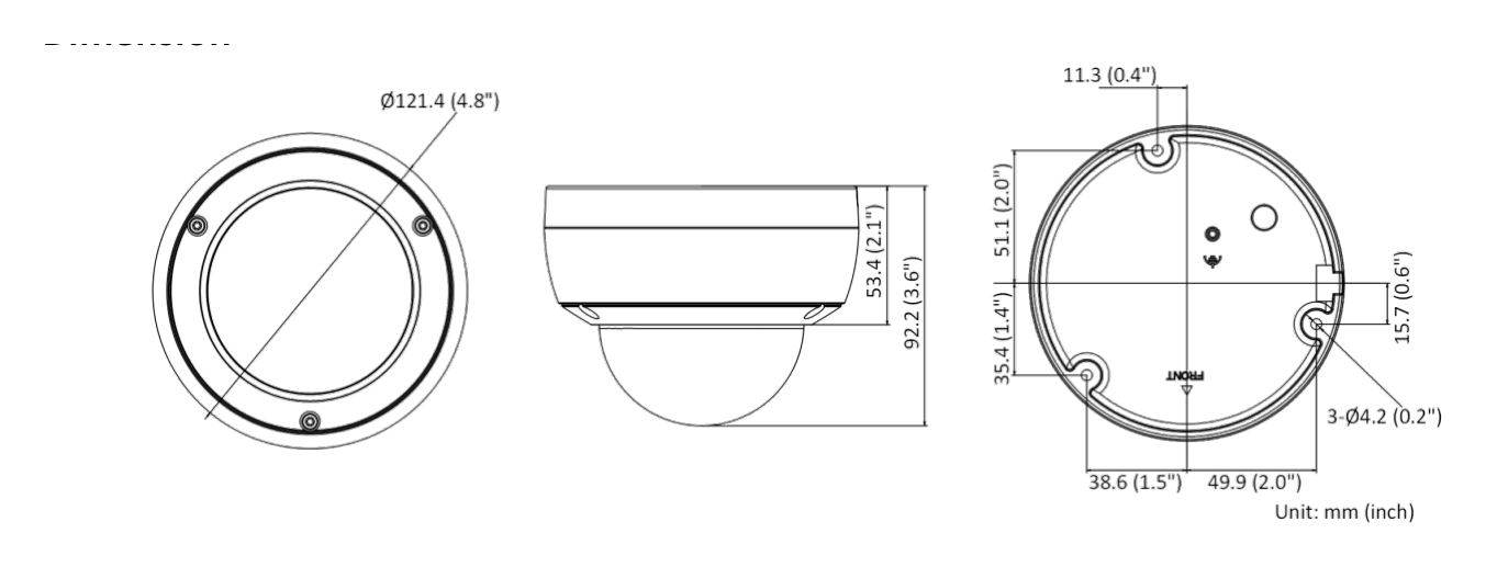 DS-2CD1183G0-IUF 外形尺寸圖 Ø 121.4 mm × 92.2 mm (Ø 4.8" × 3.6")｜重量 Approx. 550 g (1.2 lb.)｜Unit: mm