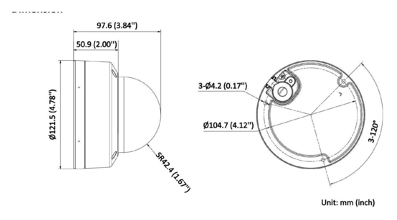 DS-2CD1183G2-LIUF 外形尺寸圖 Ø 121.5 mm × 97.6 mm (Ø 4.78" × 3.84")｜重量 Approx. 550 g (1.2 lb.)｜Unit: mm
