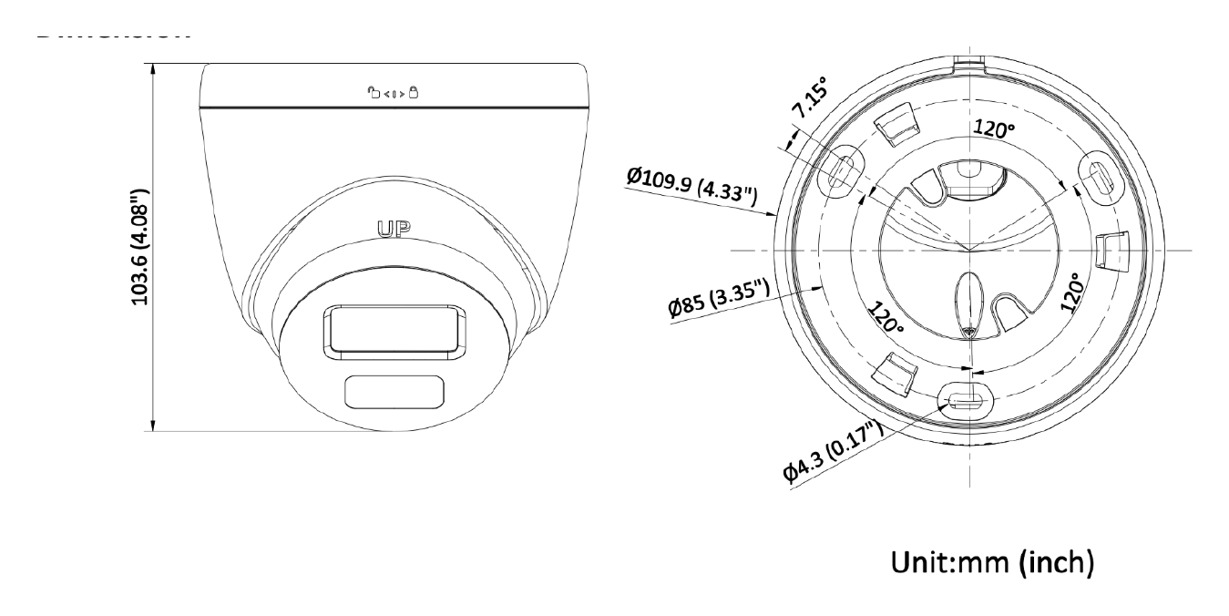 DS-2CD1321G0-I-B 外形尺寸圖 Ø 109.9 mm × 103.6 mm (Ø 4.3" × 4.1")｜重量 Approx. 300 g (0.7 lb.)｜Unit: mm