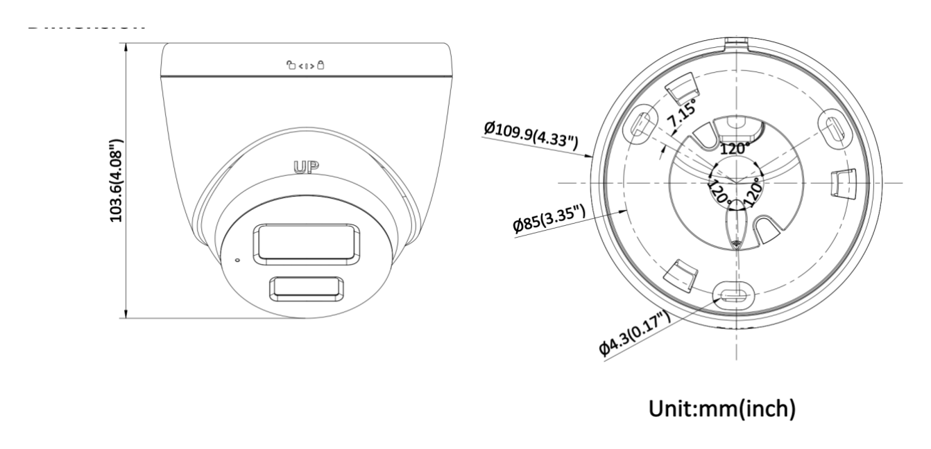 DS-2CD1321G2-LIU-B 外形尺寸圖 Ø 109.9 mm × 103.6 mm (Ø 4.3" × 4.1")｜重量 Approx. 300 g (0.7 lb.)｜Unit: mm