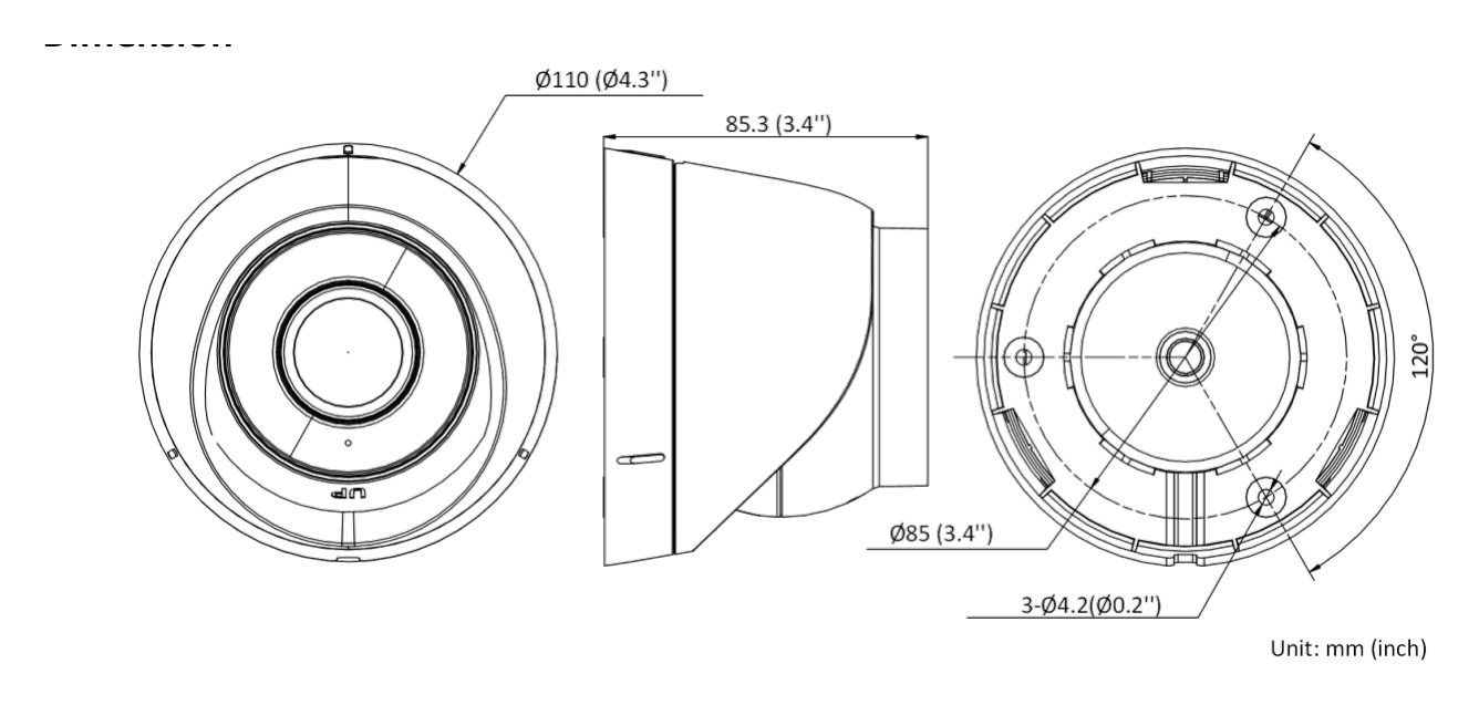 DS-2CD1323G0E-I-C 外形尺寸圖 Ø 110 mm × 85.3 mm (Ø 4.3" × 3.4")｜重量 Approx. 320 g (0.7 lb.)｜Unit: mm