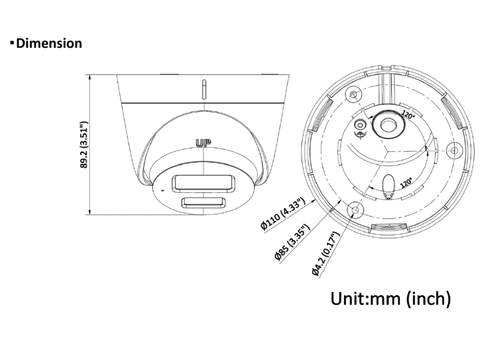 DS-2CD1323G2-LIU 外形尺寸圖 Ø 110 mm × 89.2 mm (Ø 4.3" × 3.5")｜重量 Approx. 340 g (0.7 lb.)