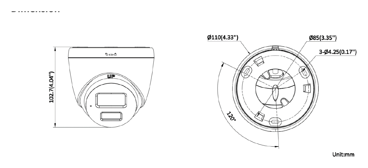 DS-2CD1323G2-LIUF/SL 外形尺寸圖 Ø 110 mm × 102.7 mm (Ø 4.33" × 4.04")｜重量 Approx. 340 g (0.7 lb.)｜Unit: mm