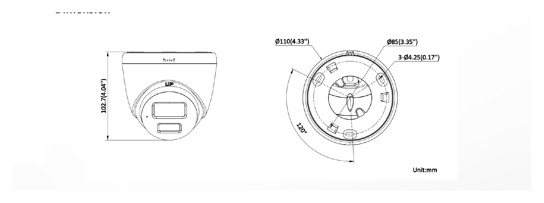 DS-2CD1327G3-LIU 外形尺寸圖 Ø 110 mm × 102.7 mm (Ø 4.33" × 4.04")｜重量 Approx. 365 g (0.8 lb.)｜Unit: mm