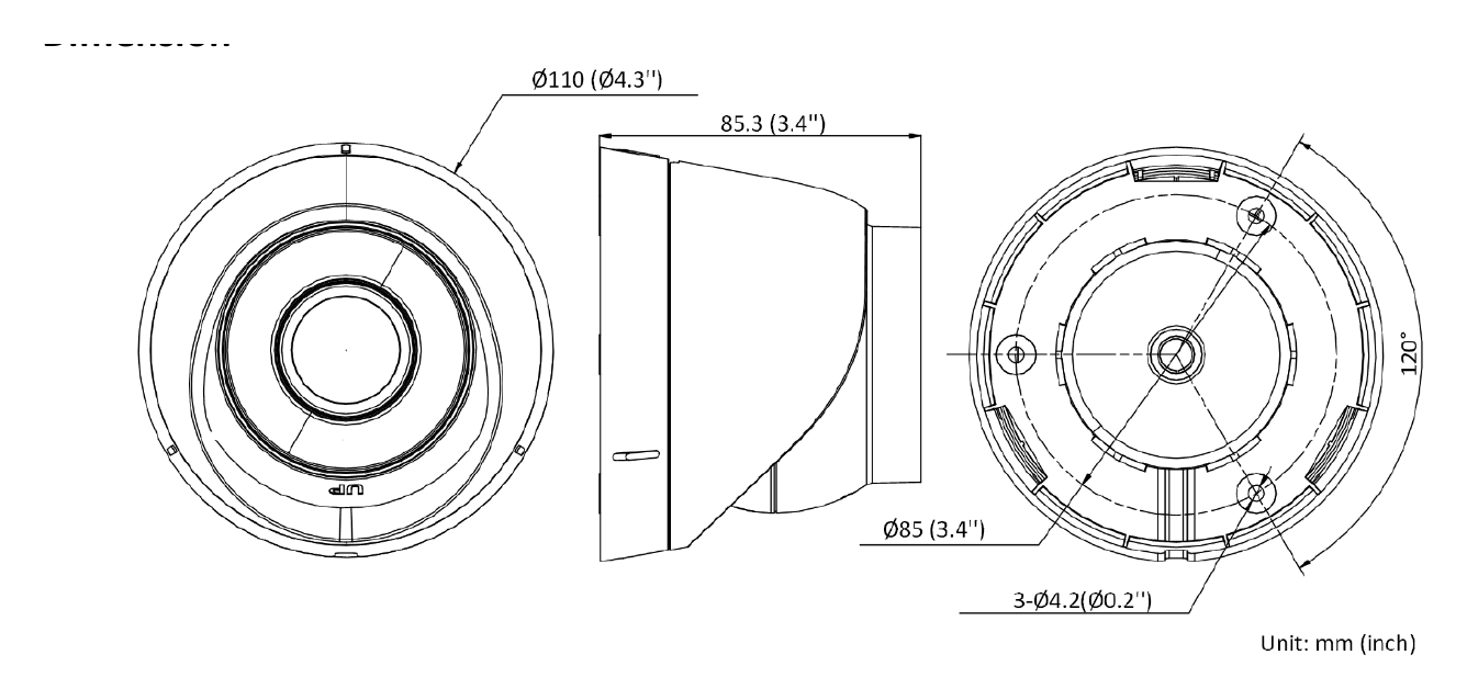 DS-2CD1343G2-IUF 外形尺寸圖 Ø 110 mm × 85.3 mm (Ø 4.3" × 3.4")｜重量 -I: Approx. 330 g (0.7 lb.); -IUF: Approx. 340 g (0.7 lb.)｜Unit: mm