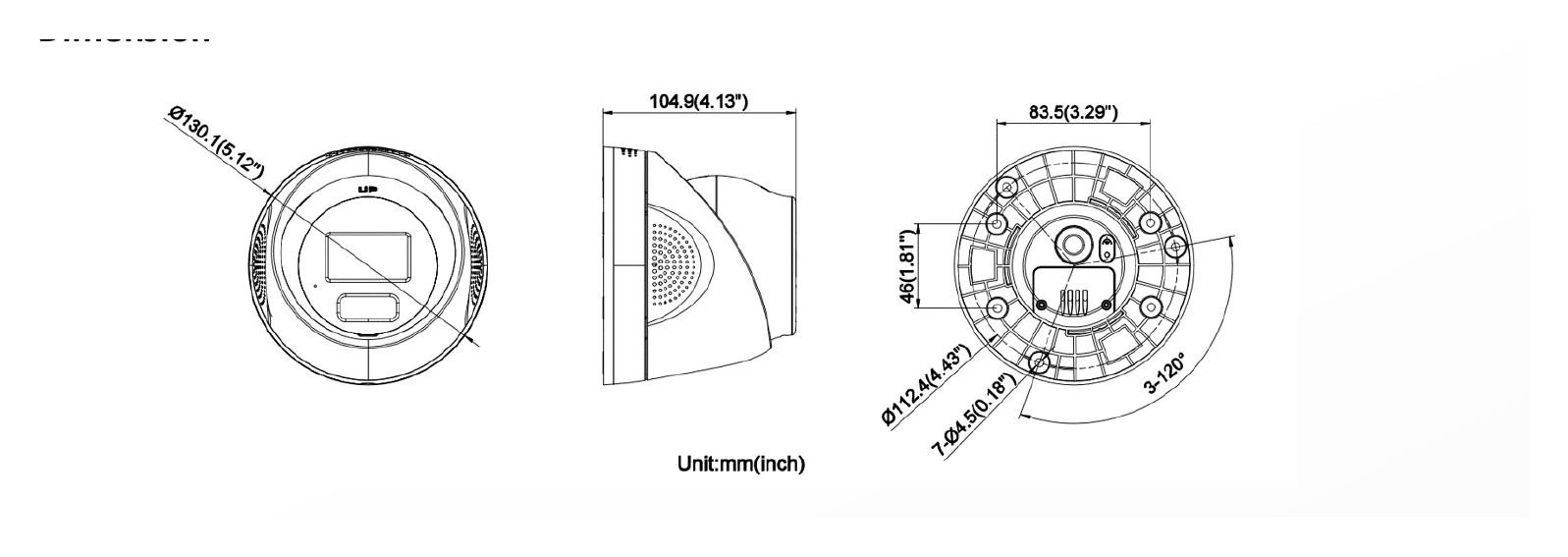 DS-2CD1347G3H-LIUF 外形尺寸圖 Ø 130.1 mm × 103.1 mm (Ø 5.1" × 4.1")｜重量 Approx. 580 g (1.3 lb.)｜Unit: mm