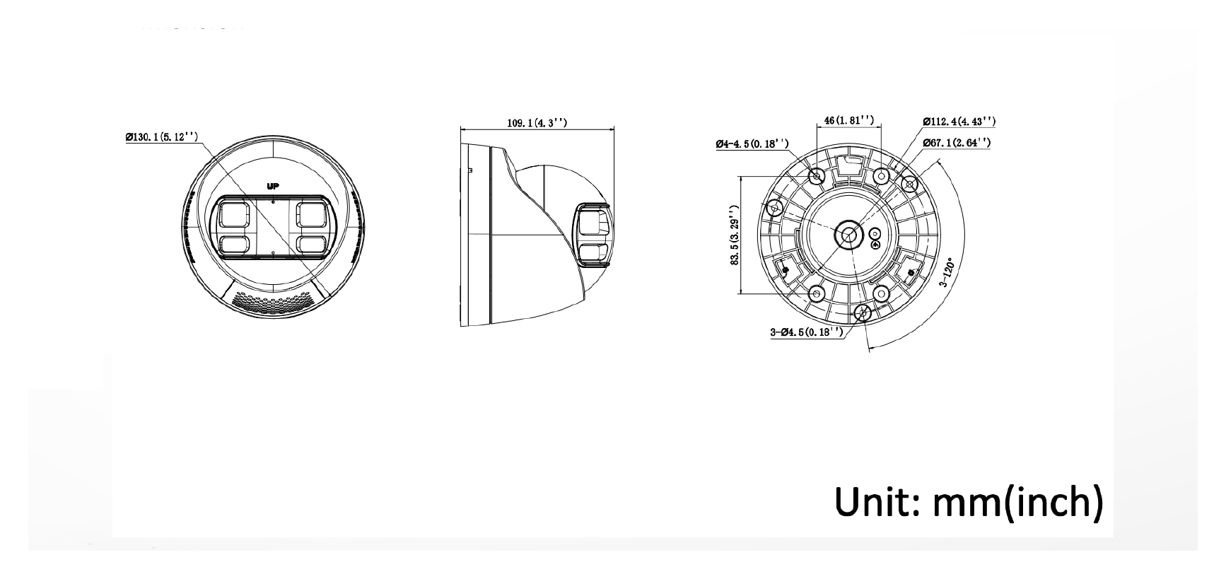 DS-2CD1367G2HP-LIUF 外形尺寸圖 Ø 130.1 mm × 109.1 mm (Ø 5.1" × 4.3")｜重量 Approx. 580 g (1.3 lb.)｜Unit: mm