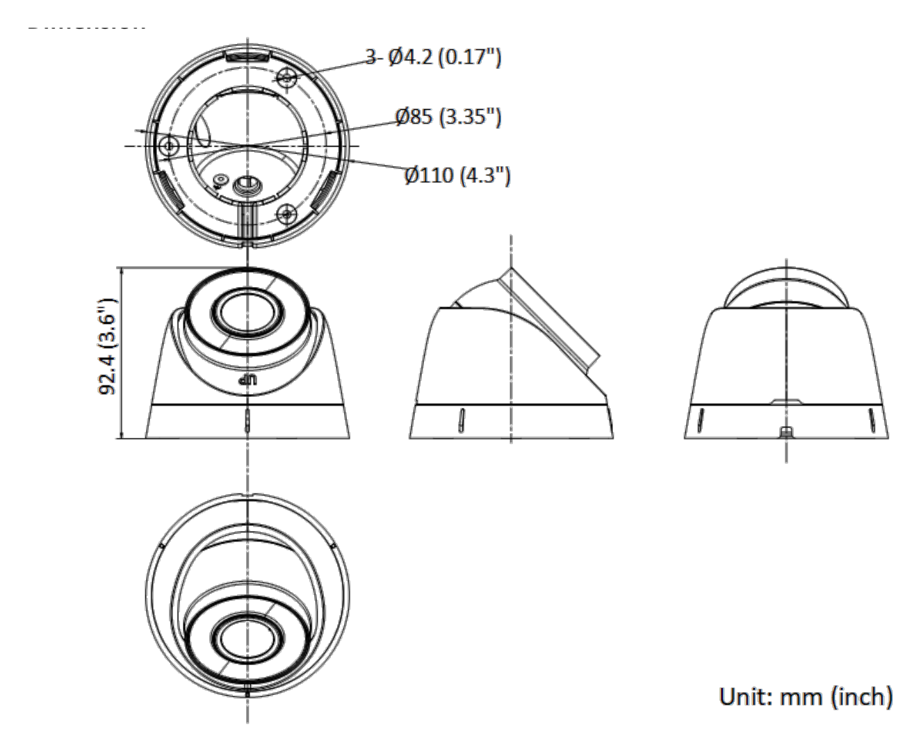 DS-2CD1383G0-I-C 外形尺寸圖 Ø 110 mm × 92.4 mm (Ø 4.3" × 3.6")｜重量 Approx. 330 g (0.7 lb.)｜Unit: mm