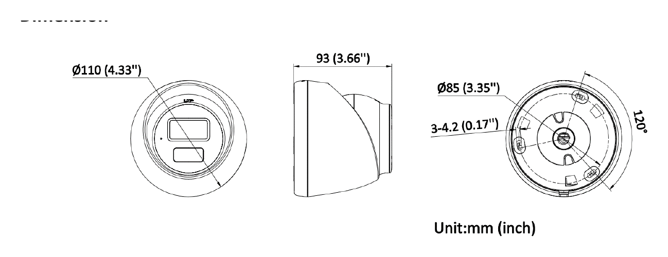 DS-2CD1383G2-LIU(F) 外形尺寸圖 Ø 110 mm × 93 mm (Ø 4.33" × 3.66")｜重量 Approx. 385 g (0.85 lb.)｜Unit: mm