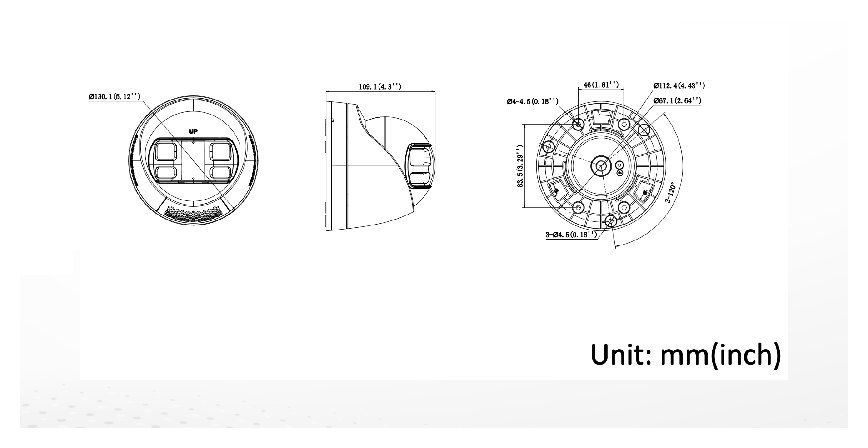 DS-2CD1383G2P-LIUF 外形尺寸圖 Ø 130.1 mm × 109.1 mm (Ø 5.1" × 4.3")｜重量 Approx. 586 g (1.3 lb.)｜Unit: mm