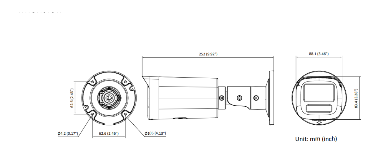 DS-2CD1643G2-LIZ(S)U 外形尺寸圖 Ø 105 mm × 252 mm (Ø 4.13" × 9.92")｜重量 Approx. 585 g (1.3 lb.)｜Unit: mm