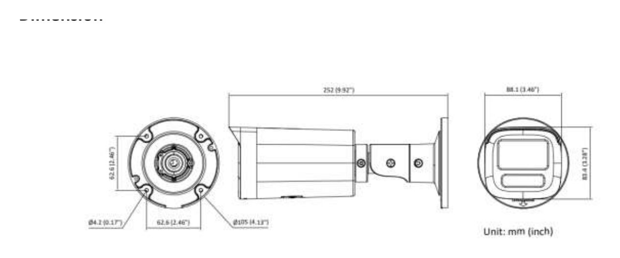 DS-2CD1643G2E-LIZSU 外形尺寸圖 Ø105 mm × 252 mm (Ø4.13" × 9.92")｜重量 Approx. 585 g (1.3 lb.)｜Unit: mm