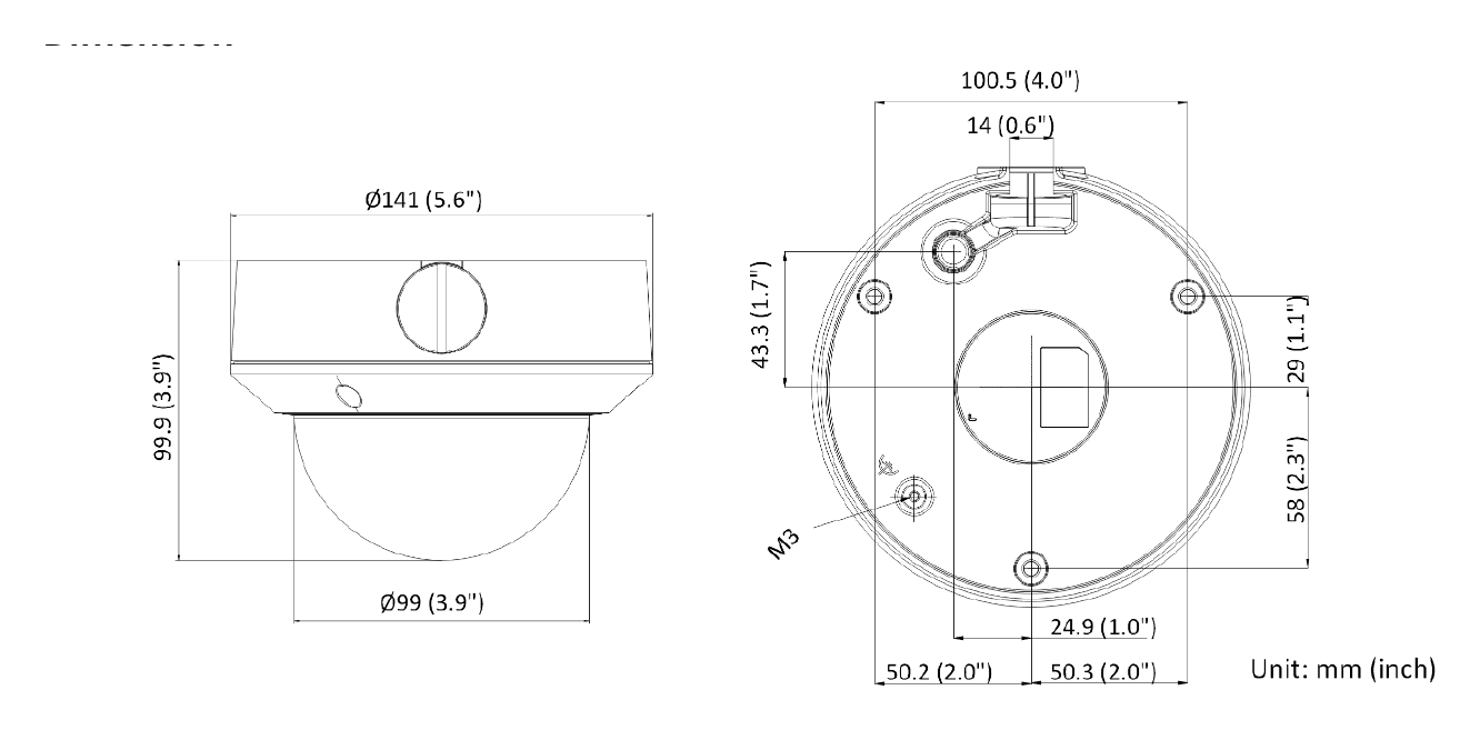 DS-2CD1723G2-IZS 外形尺寸圖 Ø 141 mm × 99.9 mm (Ø 5.6" × 3.9")｜重量 Approx. 820 g (1.8 lb.)｜Unit: mm