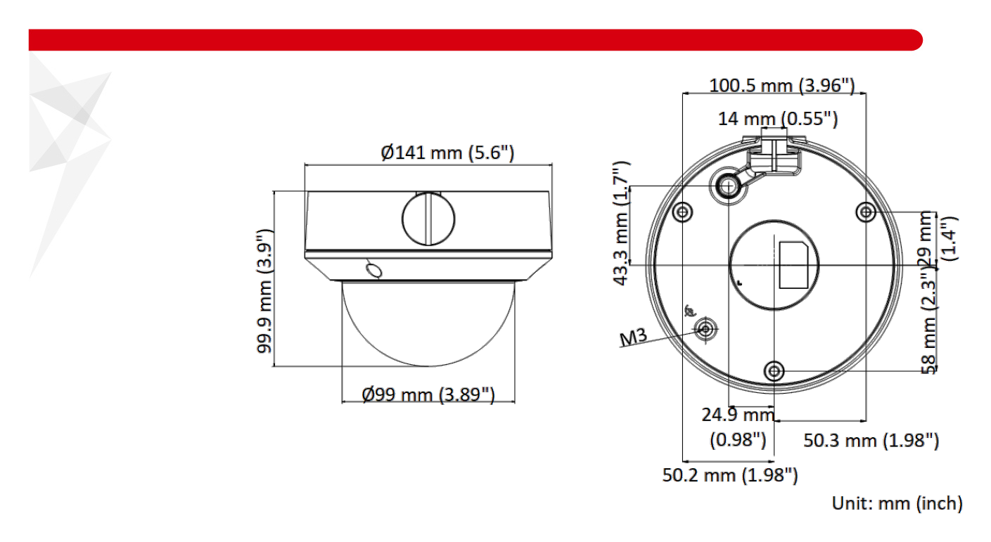 DS-2CD1743G0-IZ-C 外形尺寸圖 Ø 141 mm × 99.9 mm (Ø 5.6" × 3.9")｜重量 Approx. 820 g (1.8 lb.)｜Unit: mm