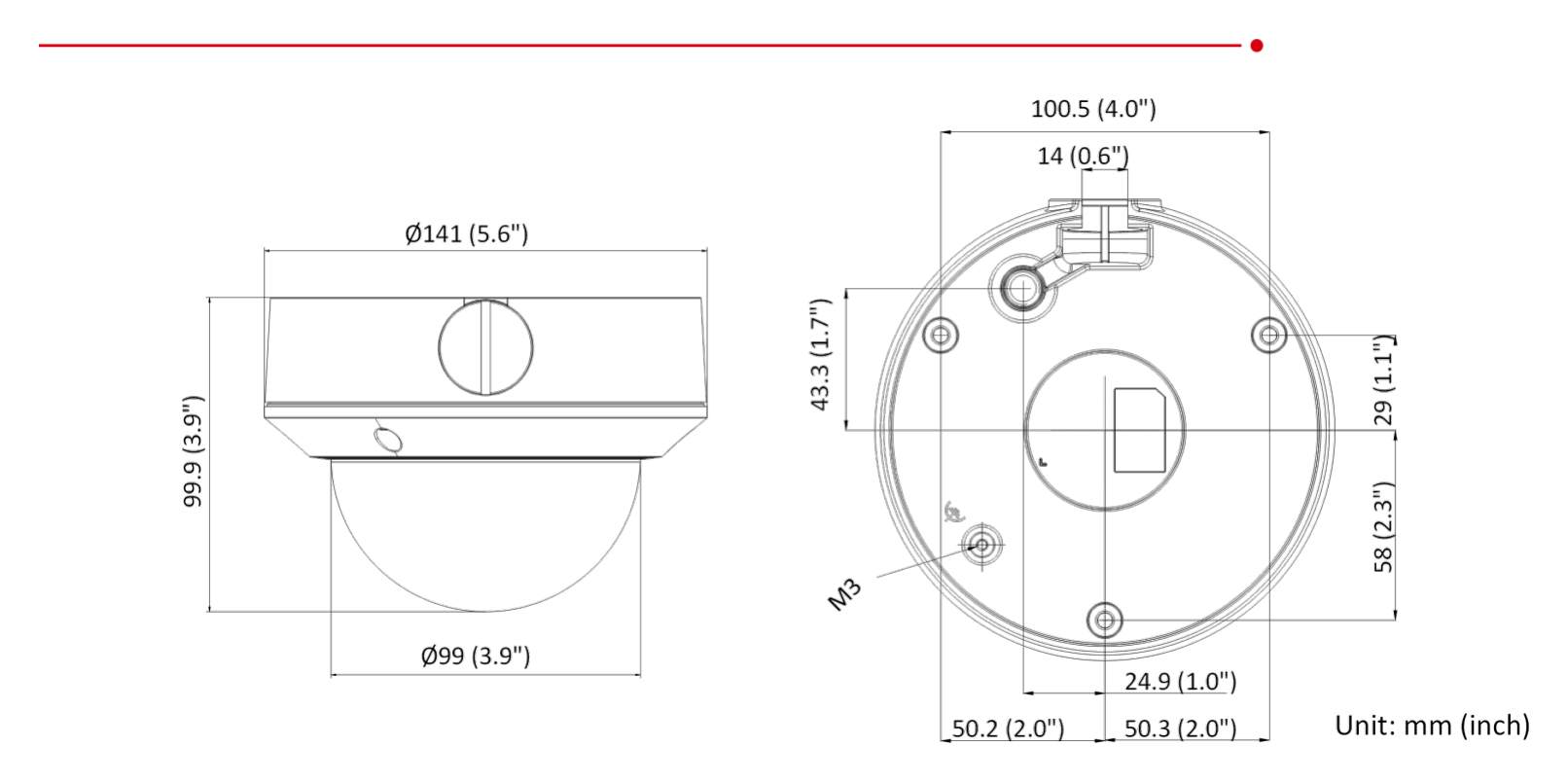 DS-2CD1743G2-IZS 外形尺寸圖 Ø 141 mm × 99.9 mm (Ø 5.6" × 3.9")｜重量 Approx. 820 g (1.8 lb.)｜Unit: mm