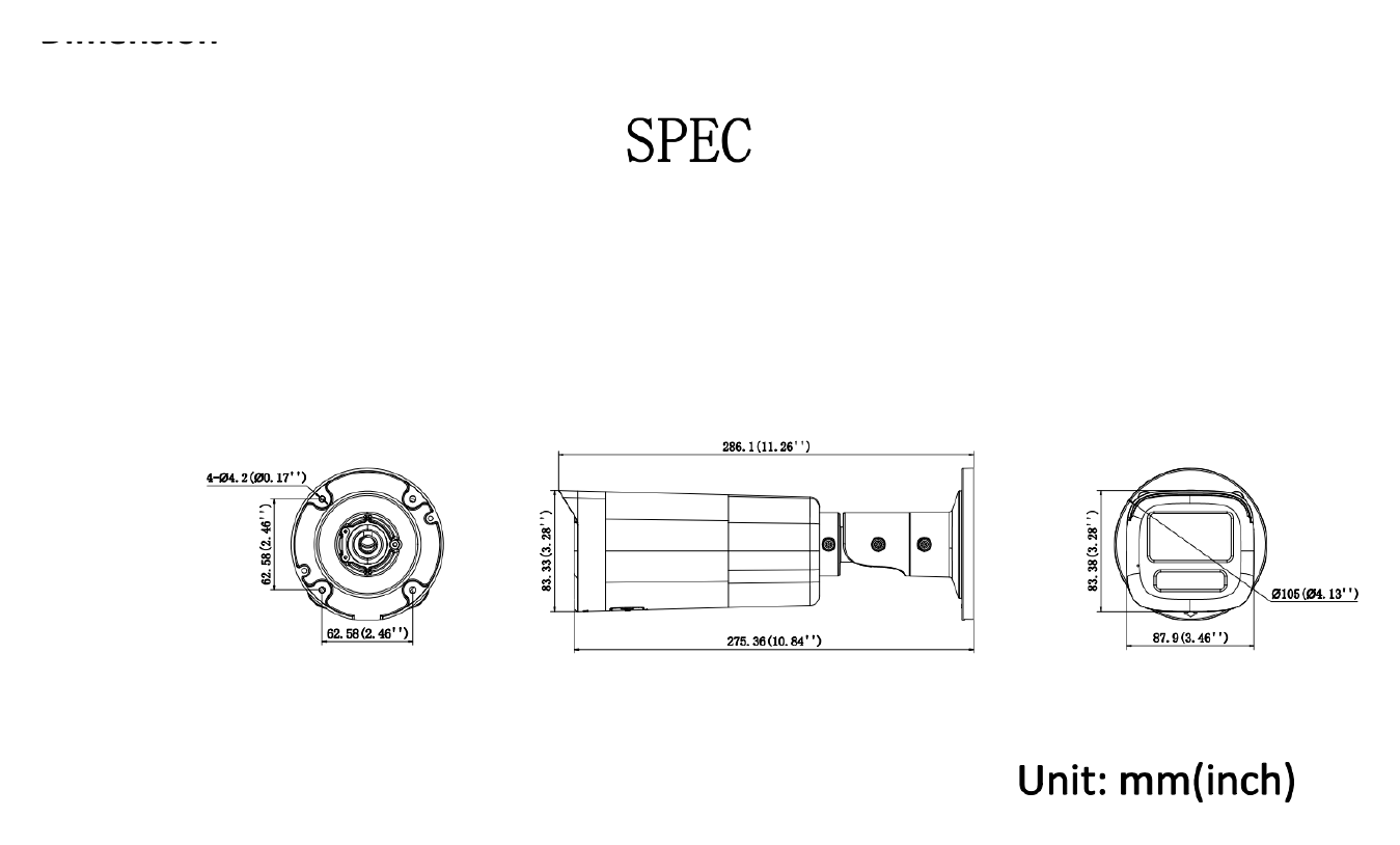 DS-2CD1B43G2-LIUF 外形尺寸圖 87.9 mm × 83.4 mm × 286.1 mm (3.5" × 3.3" × 11.3")｜重量 Approx. 640 g (1.4 lb.)｜Unit: mm