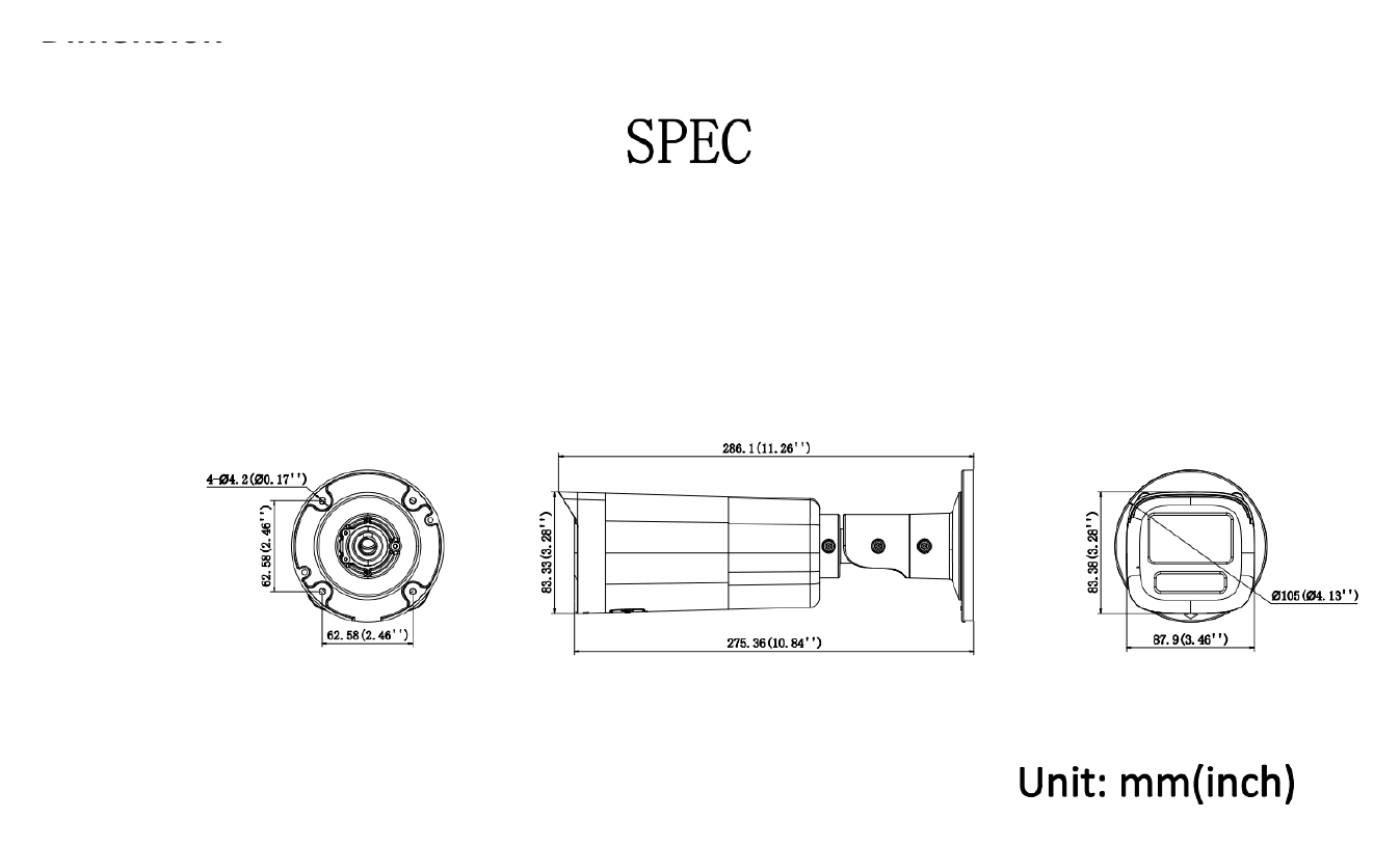 DS-2CD1B47G3-LIU 外形尺寸圖 386 mm × 156 mm × 155 mm (15.2" × 6.1" × 6.1")｜重量 Approx. 640 g (1.4 lb.)｜Unit: mm