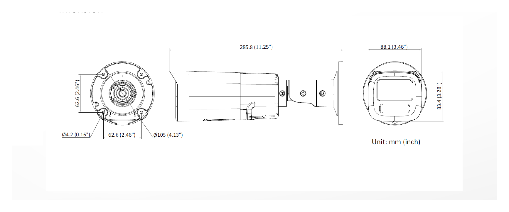 DS-2CD1B47G3-LIUF 外形尺寸圖 285.8 mm × 88.1 mm × 83.4 mm (11.25" × 3.46" × 3.28")｜重量 Approx. 690g (1.5 lb.)｜Unit: mm