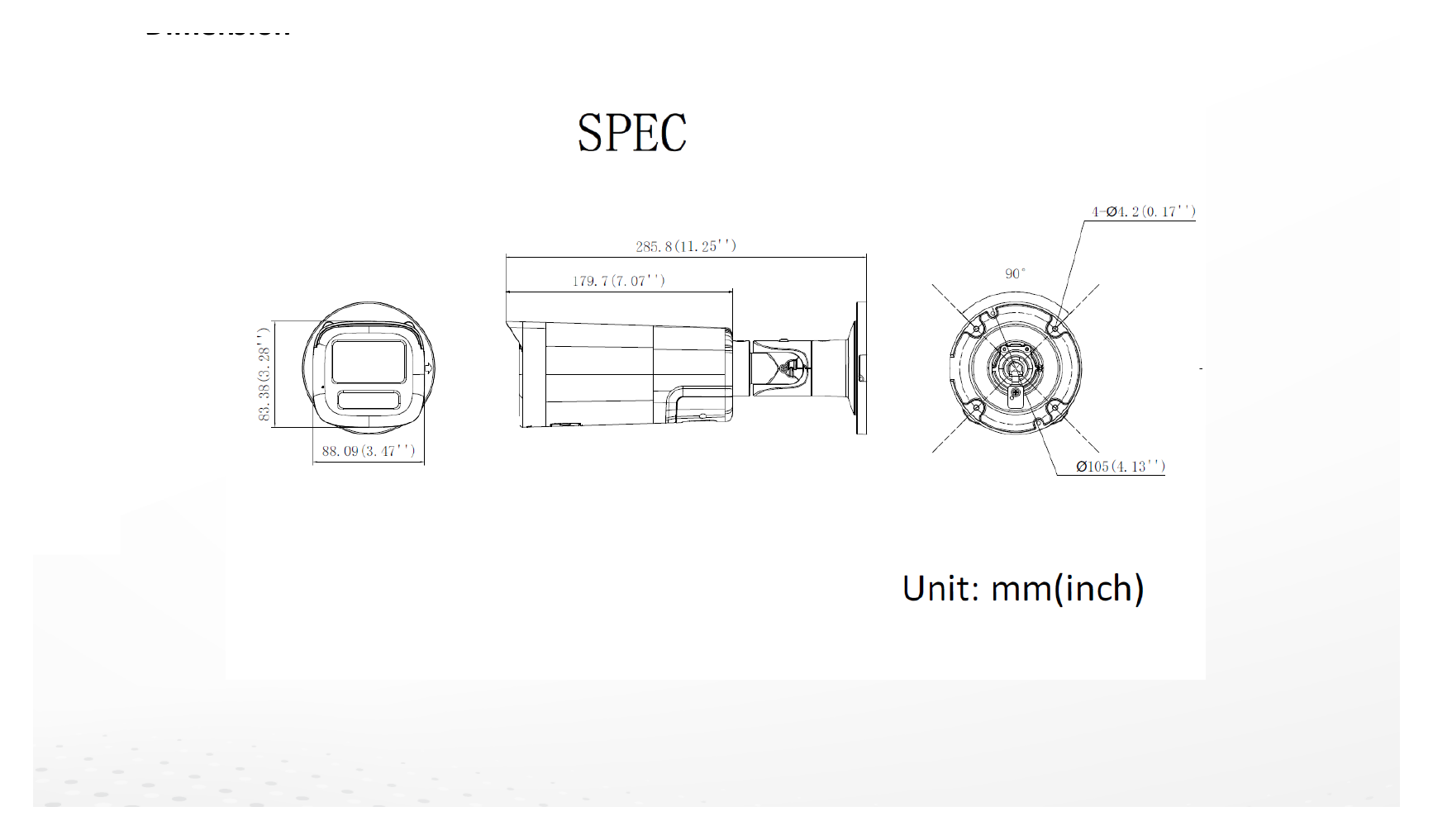 DS-2CD1B47G3H-LIUF 外形尺寸圖 286.1 mm × 88.09 mm × 83.38 mm (11.3" × 3.5" × 3.3")｜重量 Approx. 730 g (1.6 lb.)｜Unit: mm