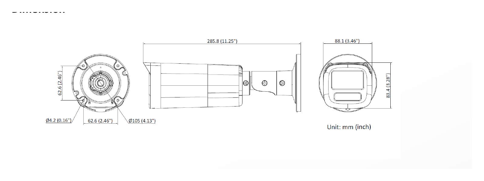 DS-2CD1B67G3-LIUF 外形尺寸圖 285.8 mm × 88.1 mm × 83.4 mm (11.25" × 3.46" × 3.28")｜重量 Approx. 665 g (1.47 lb.),｜Unit: mm