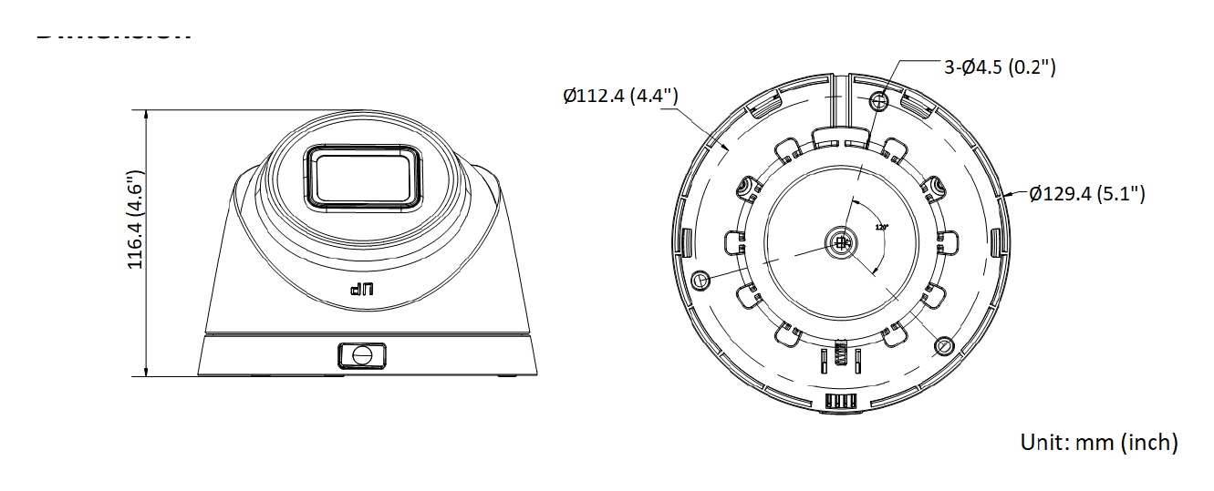 DS-2CD1H23G2-IZS 外形尺寸圖 Ø 129.4 mm × 116.4 mm (Ø 5.1" × 4.6")｜重量 Approx. 605 g (1.3 lb.)｜Unit: mm