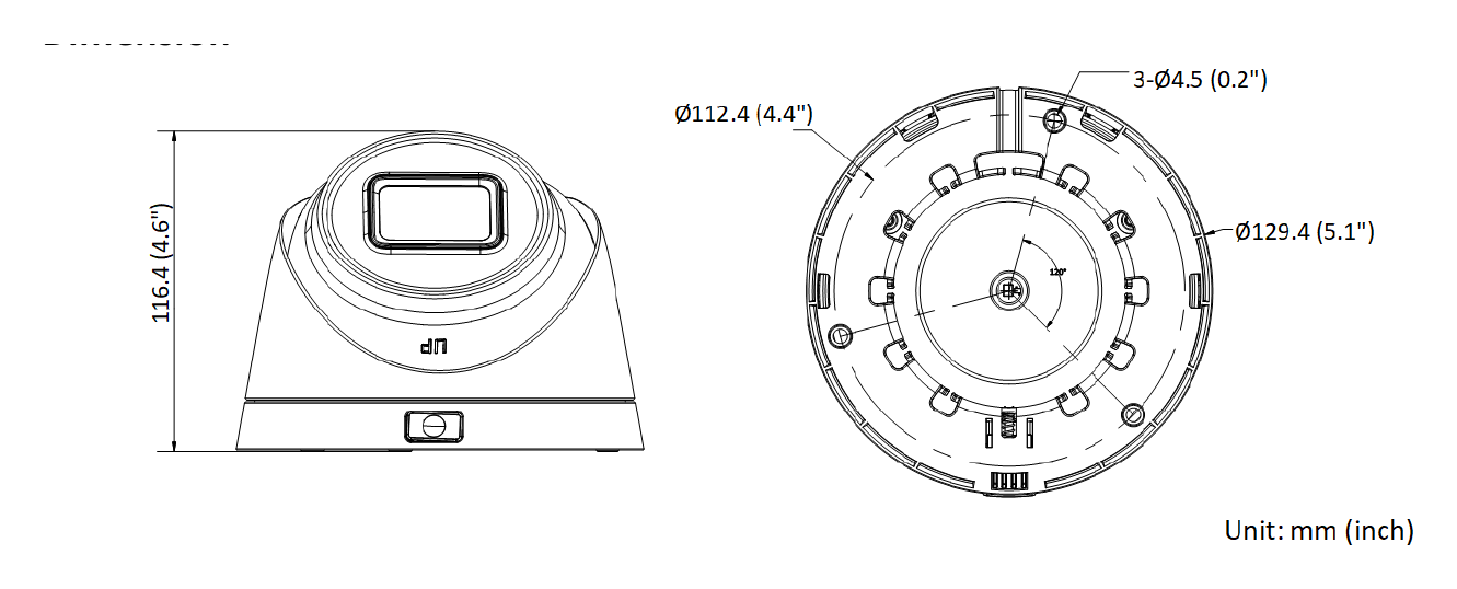 DS-2CD1H43G0-IZ-C 外形尺寸圖 Ø 129.4 mm × 116.4 mm (Ø 5.1" × 4.6")｜重量 Approx. 560 g (1.2 lb.)｜Unit: mm