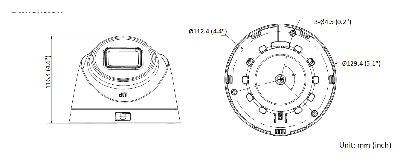 DS-2CD1H43G2-IZS 外形尺寸圖 Ø 129.4 mm × 116.4 mm (Ø 5.1" × 4.6")｜重量 Approx. 595 g (1.3 lb.)｜Unit: mm