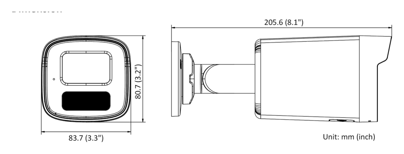 DS-2CD1T23G0-IUF-C 外形尺寸圖 83.7 mm × 80.7 mm × 205.6 mm (3.3" × 3.2"× 8.1")｜重量 Approx. 420 g (0.9 lb.)｜Unit: mm