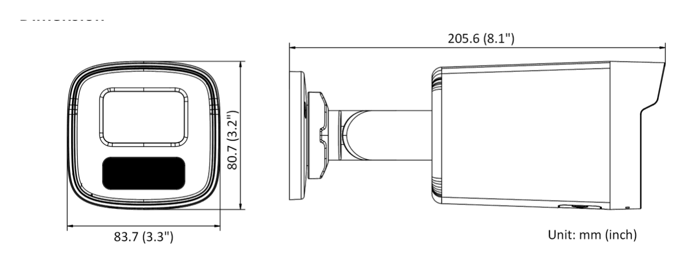 DS-2CD1T23G2-IUF 外形尺寸圖 83.7 mm × 80.7 mm × 205.6 mm (3.3" × 3.2"× 8.1")｜重量 -I: Approx. 560 g (1.2 lb.); -IUF: Approx. 580g (1.3 lb.)｜Unit: mm