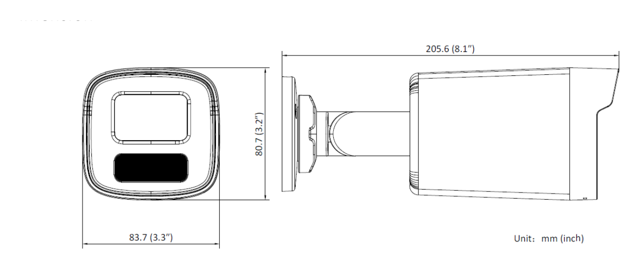 DS-2CD1T27G2-LUF 外形尺寸圖 83.7 mm × 80.7 mm × 205.6 mm (3.3" × 3.2" × 8.1")｜Unit: mm