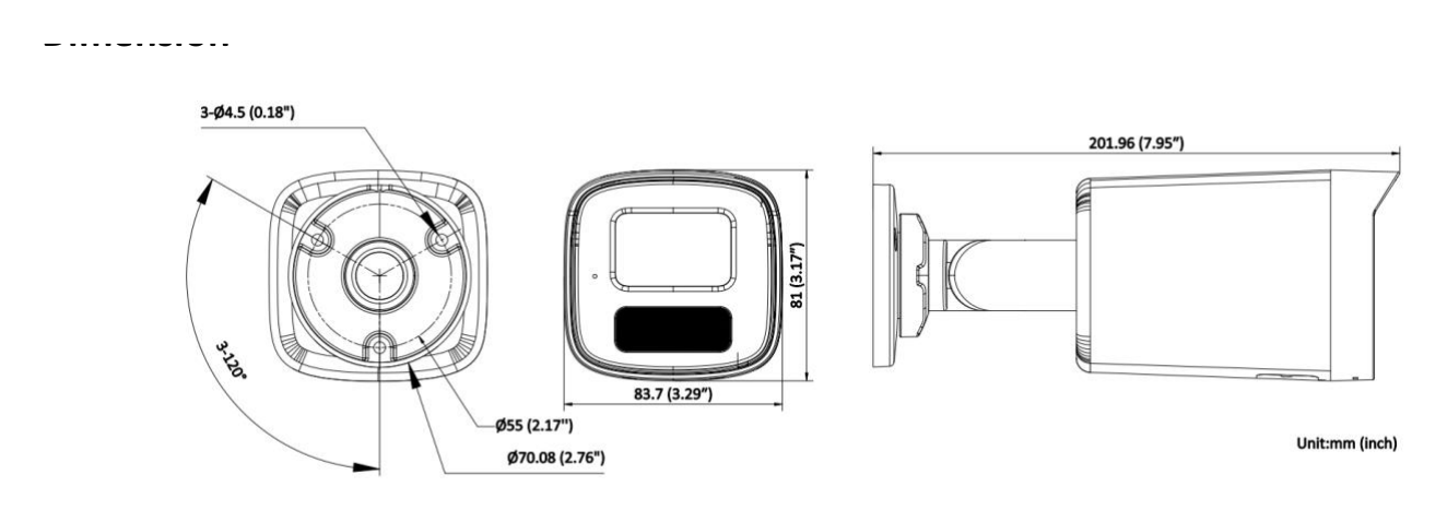 DS-2CD1T27G2H-LIUF 外形尺寸圖 81 mm × 83.7 mm × 201.96 mm (3.17" × 3.29" × 7.95")｜重量 Approx. 550 g (1.2 lb.)｜Unit: mm