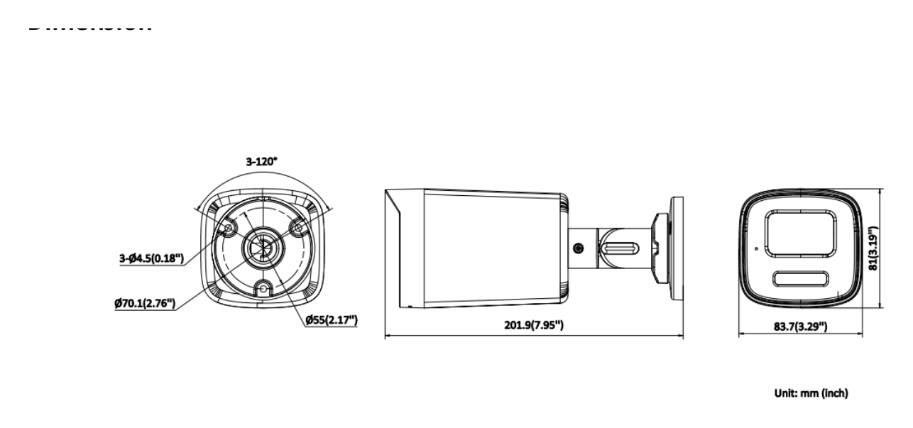 DS-2CD1T27G3-LIU 外形尺寸圖 83.7 mm × 81 mm × 201.9 mm (3.3" × 3.2" × 8.0")｜重量 Approx. 390 g (0.9 lb.)｜Unit: mm