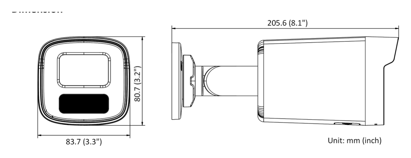DS-2CD1T43G2-IUF 外形尺寸圖 83.7 mm × 80.7 mm × 205.6 mm (3.3" × 3.2"× 8.1")｜重量 -I: Approx. 560 g (1.2 lb.); -IUF: Approx. 580 g (1.3 lb.)｜Unit: mm