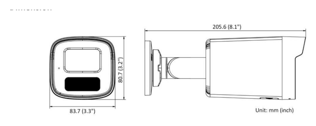 DS-2CD1T43G2-LIUF 外形尺寸圖 83.7 mm × 80.7 mm × 205.6 mm (3.3" × 3.2" × 8.1")｜重量 Approx. 580 g (1.3 lb.)｜Unit: mm