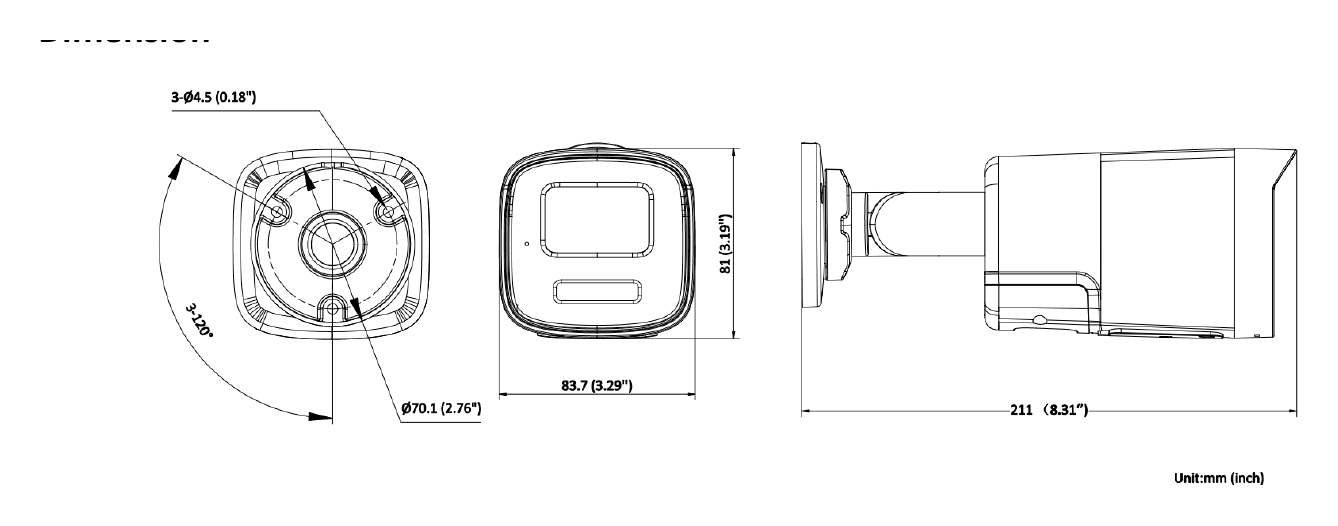 DS-2CD1T47G2H-LIUF 外形尺寸圖 81 mm × 83.7 mm × 211 mm (3.17" × 3.29" × 8.31")｜重量 Approx. 480 g (1.1 lb.)｜Unit: mm