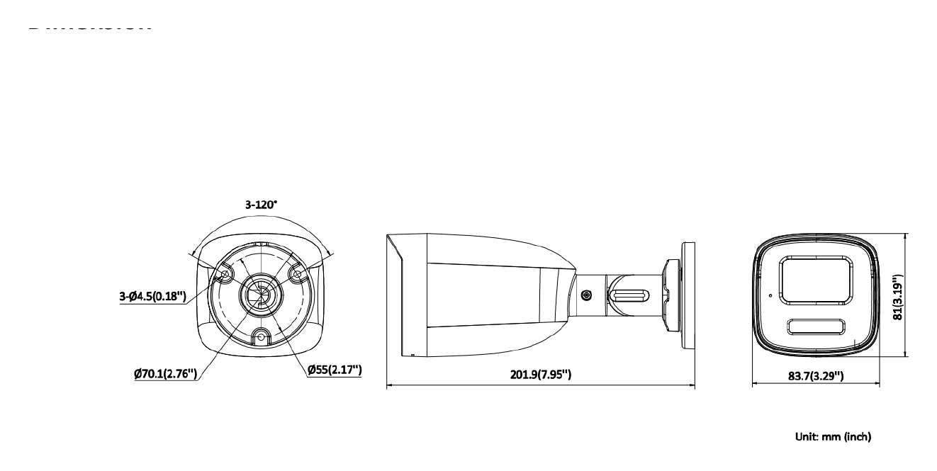 DS-2CD1T47G3-LIU 外形尺寸圖 83.7 mm × 81 mm × 201.9 mm (3.3" × 3.2" × 8.0")｜重量 Approx. 390 g (0.9 lb.)｜Unit: mm