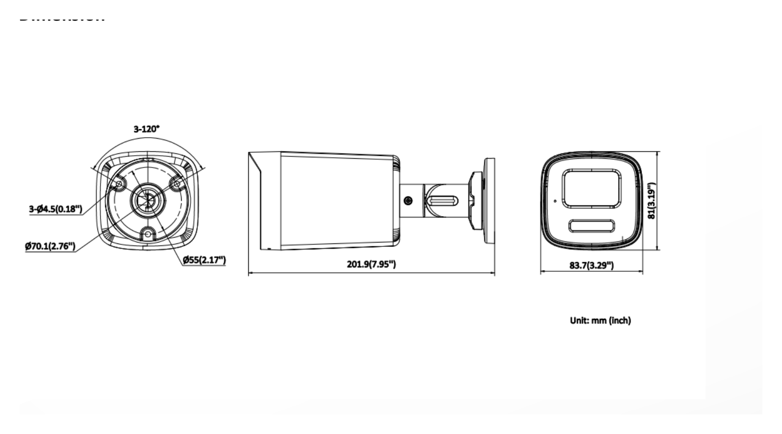 DS-2CD1T47G3-LIUF 外形尺寸圖 83.7 mm × 81 mm × 201.9 mm (3.3" × 3.2" × 8.0")｜重量 Approx. 430 g (0.95 lb.)｜Unit: mm