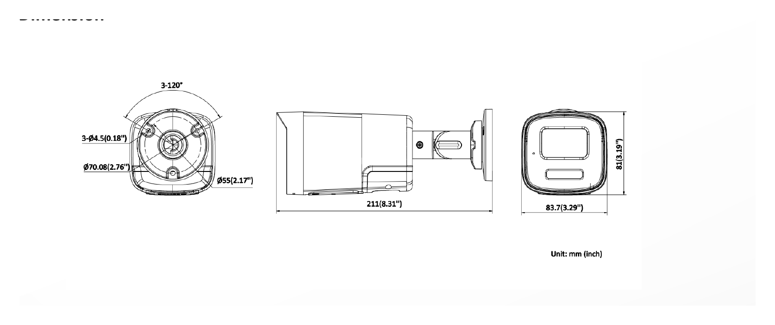 DS-2CD1T47G3H-LIUF 外形尺寸圖 81 mm × 83.7 mm × 211 mm (3.2" × 3.3" × 8.3")｜重量 Approx. 480 g (1.1 lb.)｜Unit: mm
