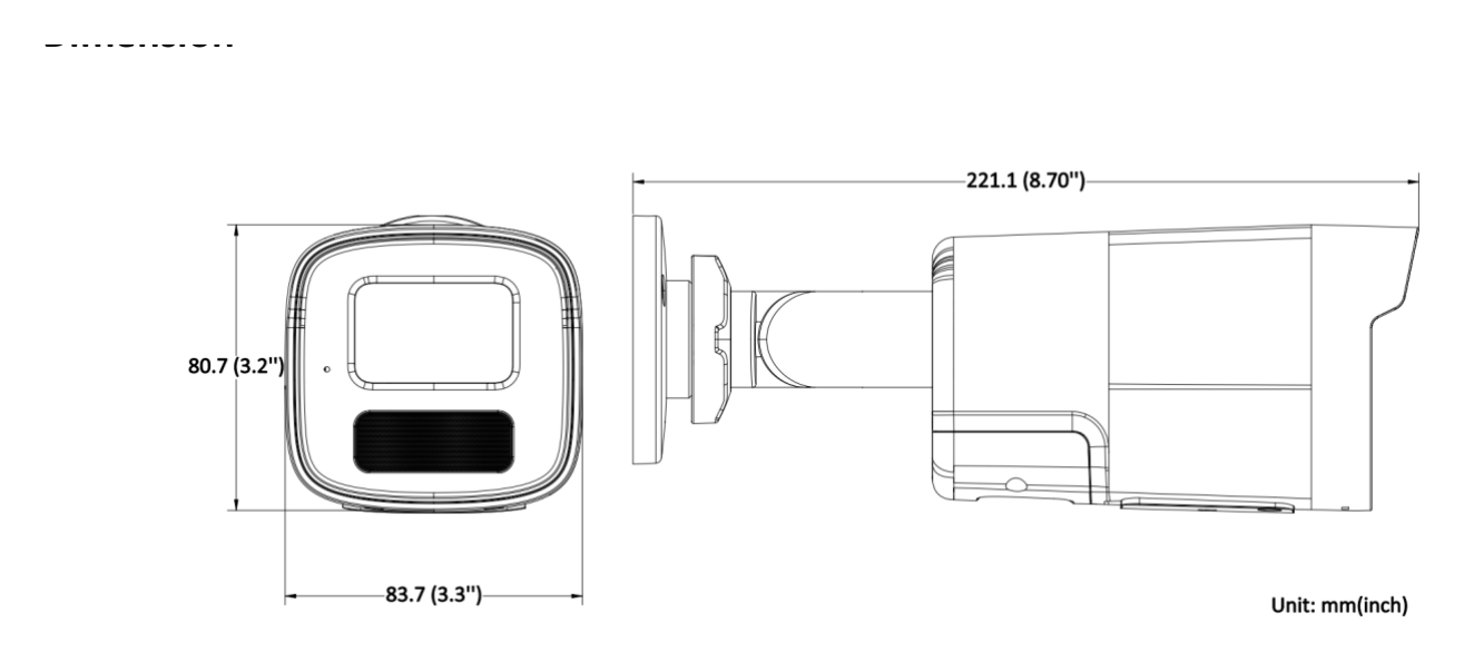 DS-2CD1T63G2-LIUF 外形尺寸圖 83.7 mm × 80.7 mm × 221.1 mm (3.3" × 3.2" × 8.7")｜重量 Approx. 410 g (0.9 lb.)｜Unit: mm