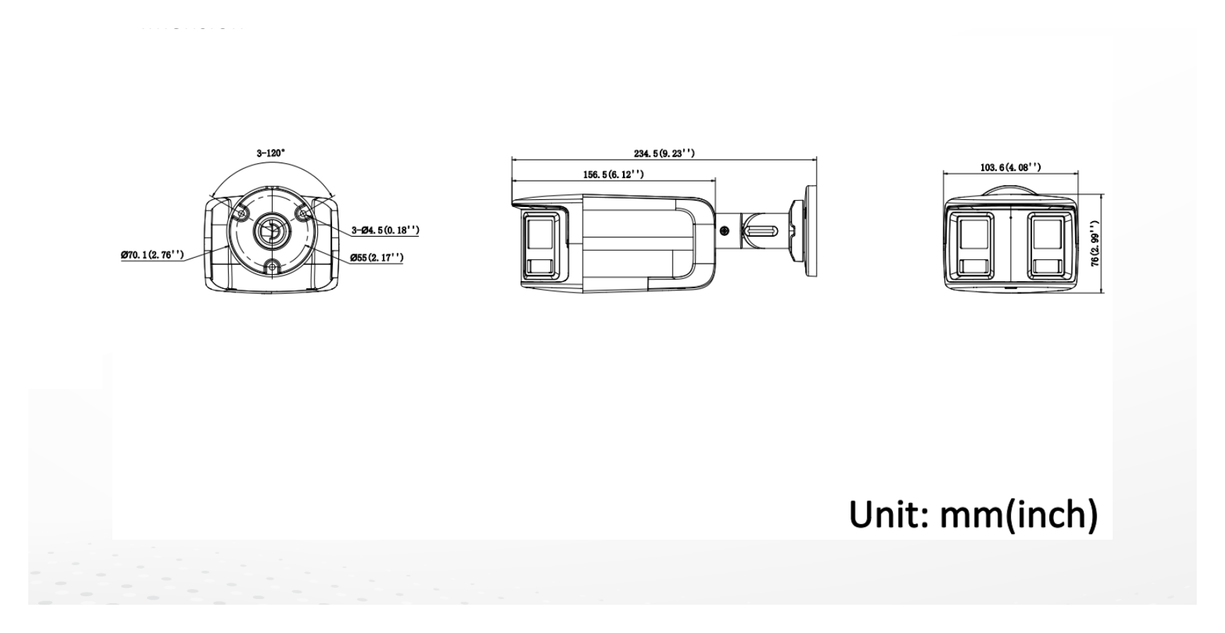 DS-2CD1T63G2P-LIUF 外形尺寸圖 103.6 mm × 76 mm × 234.5 mm (4.1" × 3.0" × 9.2")｜重量 Approx. 560 g (1.2 lb.)｜Unit: mm