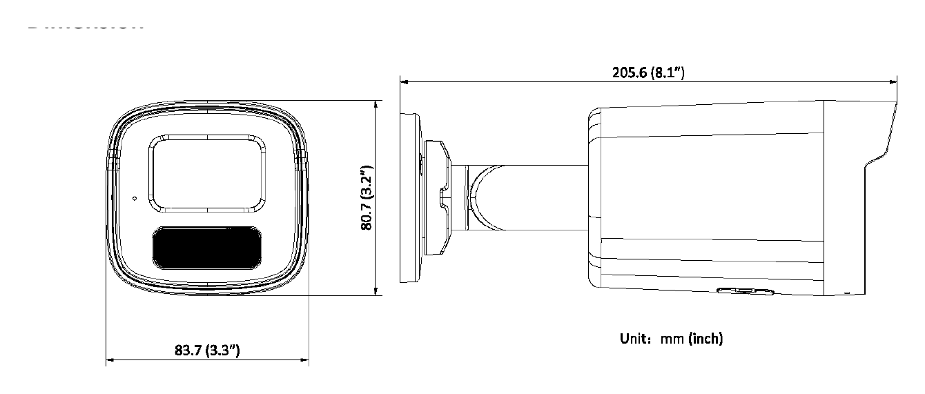 DS-2CD1T67G2-LUF 外形尺寸圖 83.7 mm × 80.7 mm × 205.6 mm (3.3" × 3.2" × 8.1")｜Unit: mm